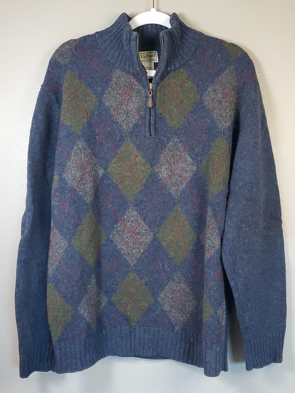 L.L. Bean Men's Shetla Navy Argyle Half-Zip Sweater with G